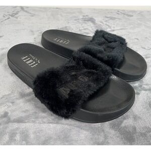 Fenty Puma by Rihanna Slides Womens US 6 Black Faux Fur Sandals Leadcat Slip Ons